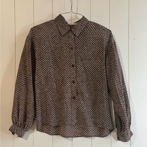 Vintage Betty Hanson Brown And White Abstract Silk Blouse Women’s Size 10